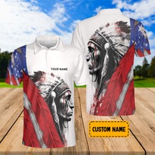 Customized Native American Chief Feather US Flag Native Blood Polo Shirts Golf