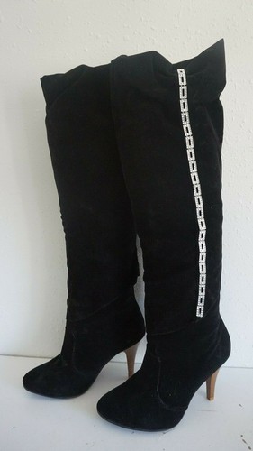 Ivy Black Velvet High Heel Boots Silver 