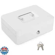 POLSPAG Cash Box with Key Lock Metal Money Box with Money Tray Large Safe Loc
