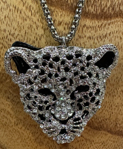 Silver Metal Sparkling Leopard Pendant on Chain