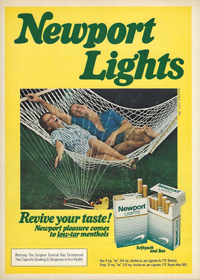 newport cigarette lamp 1981 Newport Lights Cigarettes Water Sprinkler Hammock Couple vintage Print  AD
