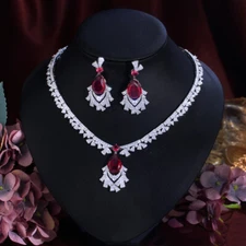 Silver Plated Cubic Zirconia Red Necklace Earrings Bridal Engagement Jewelry Set