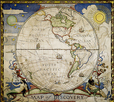 1921 Map Western Hemisphere Map of Discovery Vintage History Wall Poster School