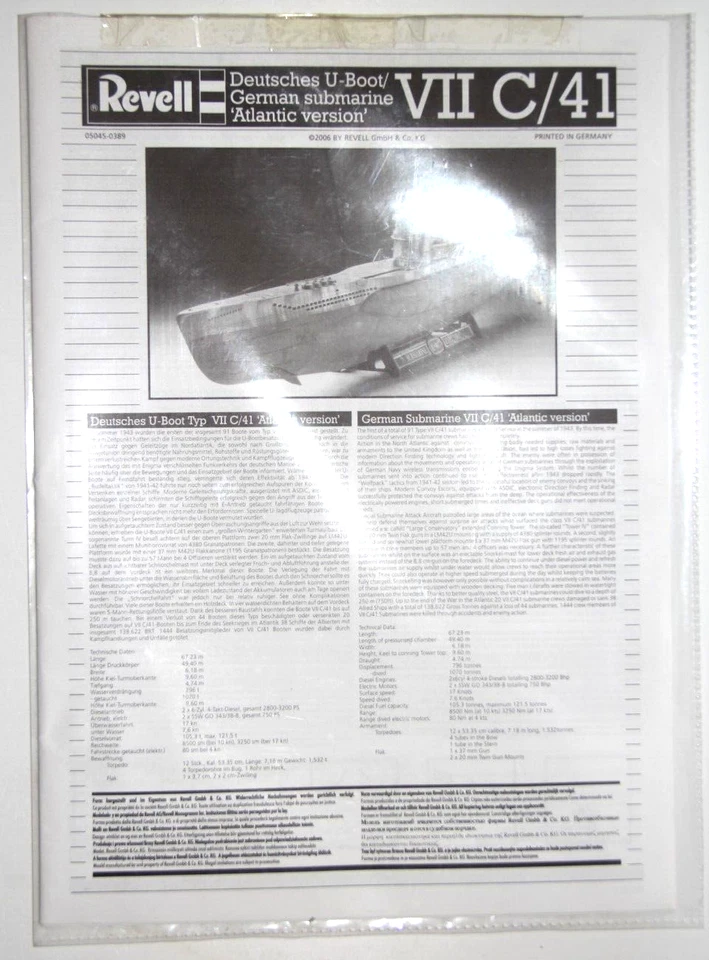 REVELL USATO 1:72 KIT SOTTOMARINO GERMAN SUBMARINE VII C/41 ATLANTIC VER. 05045 - Immagine 2 di 4