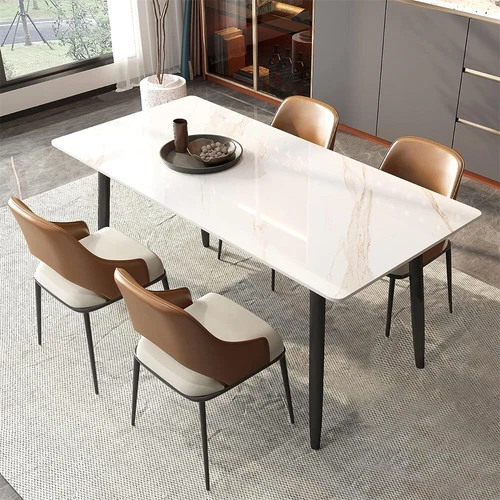 White Dining Table for 4-6 Kitchen Table with Marble Sintered Stone Table Top
