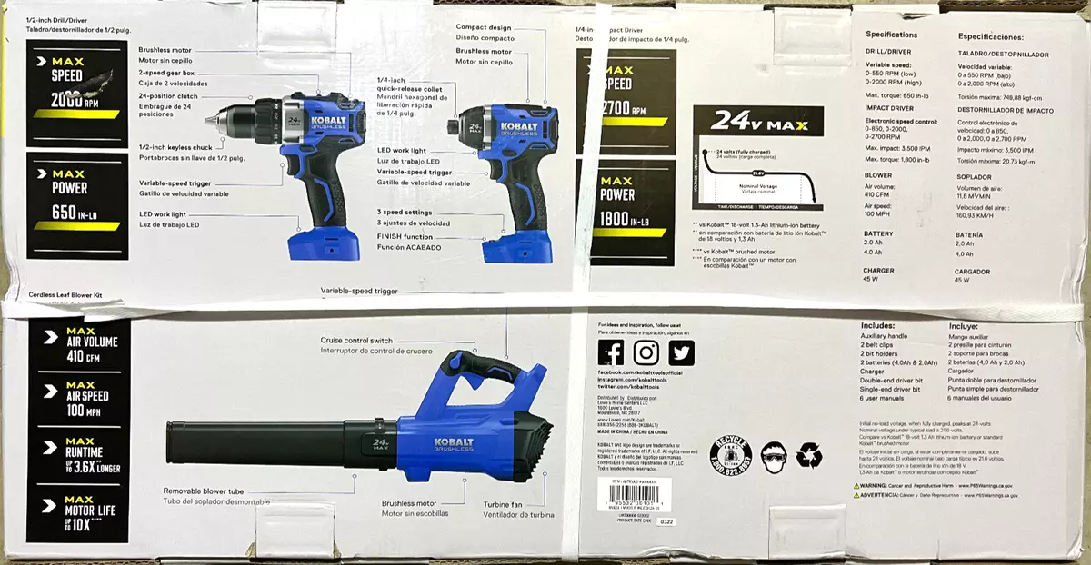 Kobalt 3 Tool Combo Kit w2 Batteries Charger drill driver impact