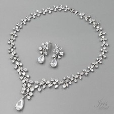 White Gold Plated Zirconia CZ Necklace Earrings Bridal Wedding Jewelry Set 06197