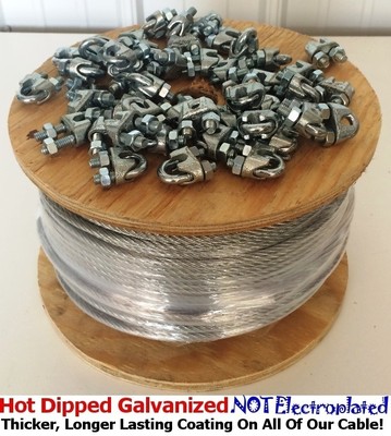 Aircraft Steel Cable Wire Rope 250' 5/16'' 7x19 Galvanized Cable with Cable Clamp