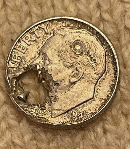 1947 American Roosevelt Dime with Bullet Hole