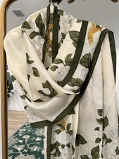 Women's Oblong Scarf Polyester Satin Floral Print Cream White Green Gold 31x68 