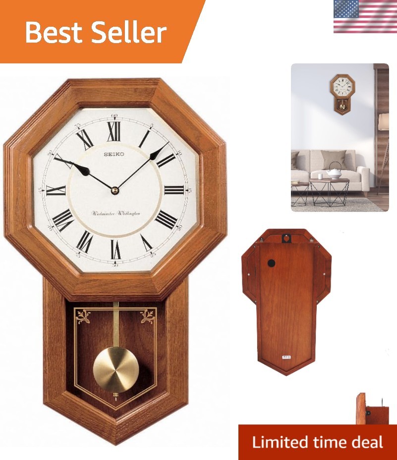 Seiko Light Oak Wall Clock &ndash; Traditional Octagonal Design with Chime & Pendulum