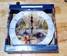Disney Thomas Kinkade Glass Wall Clock Mickey and Minnie SWEETHEART HOLIDAY