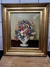 Antique floral original oil painting marked initials SC fine used canvas & frame