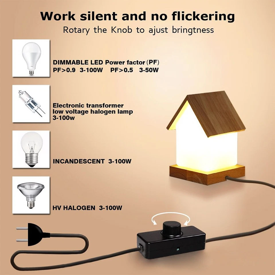 Inline LED Dimmer Switch Built-in ON/OFF Knob Control Dimmer 3-100W Rotary HOT - Image 3 of 4