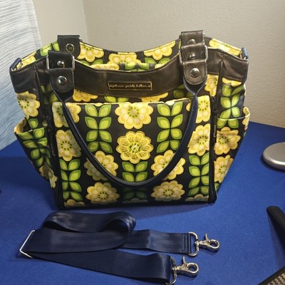 Vtg Petunia Pickle Bottom Diaper Bag Vinyl Navy Lime Green and Yellow Flowers Qt