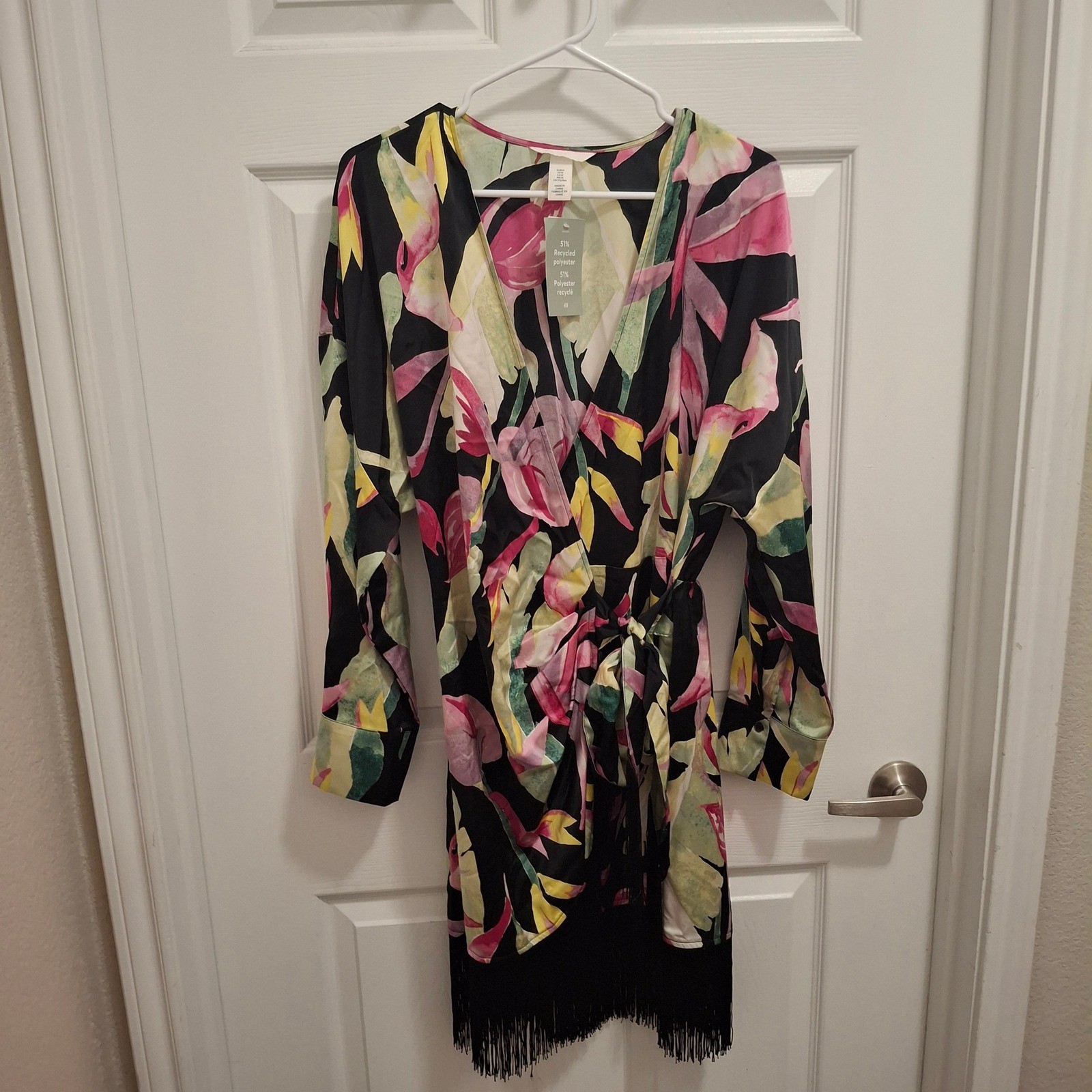 HM Tropical Floral Wrap Mini Dress Black Pink Fringe Hem Long Sleeve Size M-image