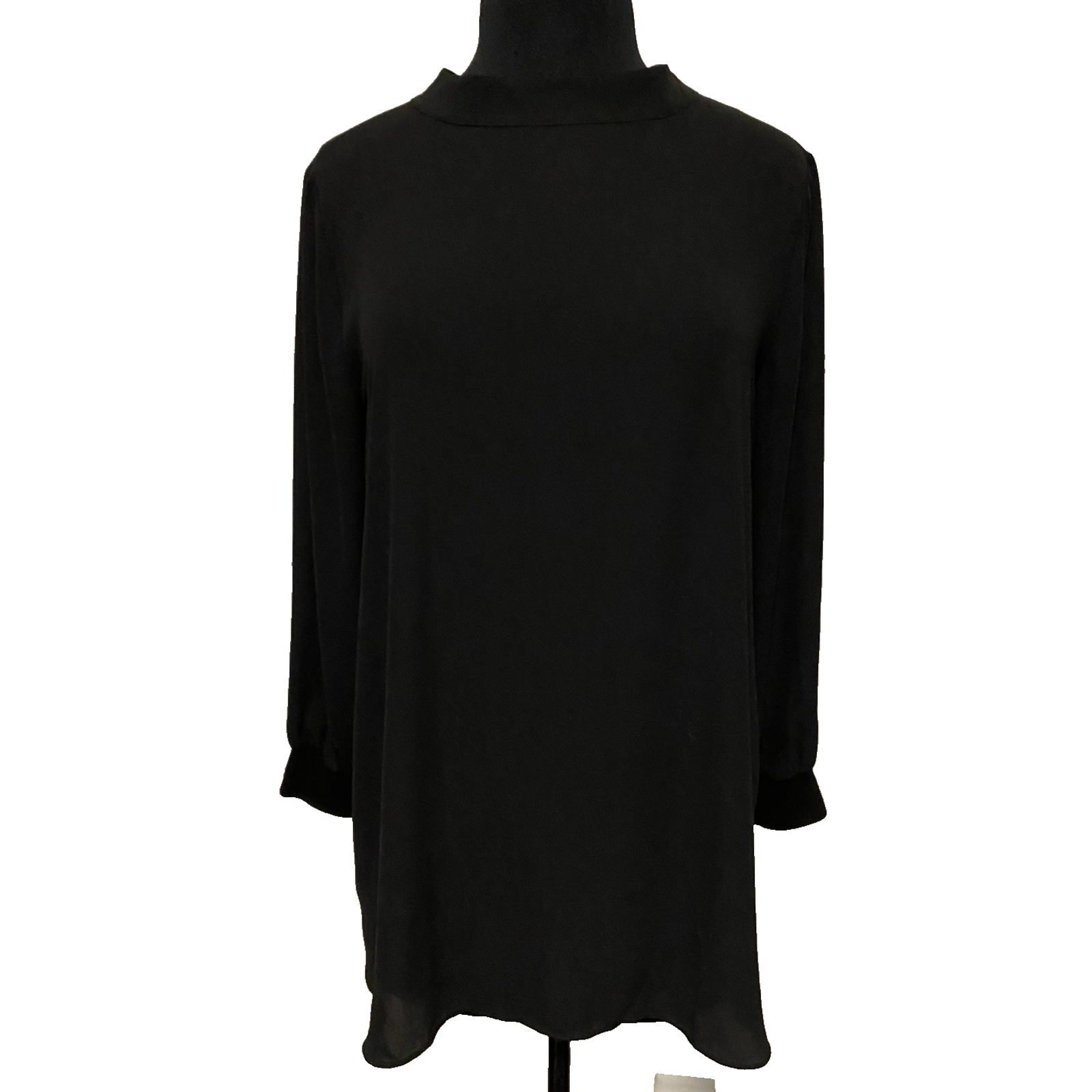 Loft Blouse Womens Size Medium Black Buttons Up Back High Neck Silky Tunic Top