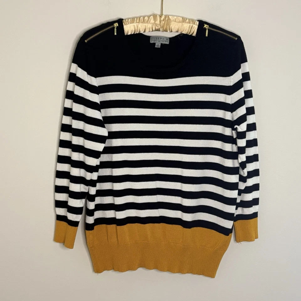 Joseph A Women Size Medium Sweater Top Black White Yellow Striped Fall Preppy A5 - Image 3 of 4