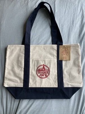 Trader Joe's Canvas Foldable Reusable Shopping Bag Tote Beige Navy Blue