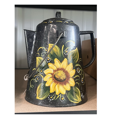 Hand Painted Sunflower Speckled Metal Coffee Maker Black Enamelware