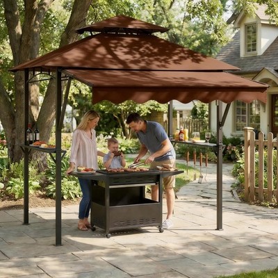 Grill Gazebo w Side Awning & LED Lights,Double-Tier BBQ Canopy w Shelves & Hooks