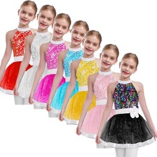 Kids Girls Tutu Dress Skirt Dresses Cutout Back Dancewear Sleeveless Shiny