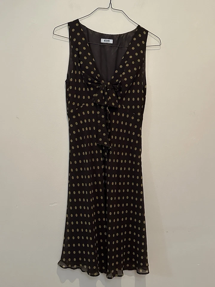 Vestido MOSCHINO Barato y Elegante Para Mujer EE. UU. 12 Marrón Lunares Sin Mangas Lazo Seda Foto 2 de 4