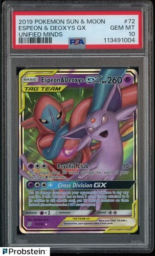 2019 Pokemon Sun & Moon Unified Minds #72 Espeon & Deoxys GX PSA 10 GEM MINT