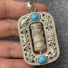 Antigua colección china de jade Miao plata incrustaciones piedras preciosas colgante patrón dragón