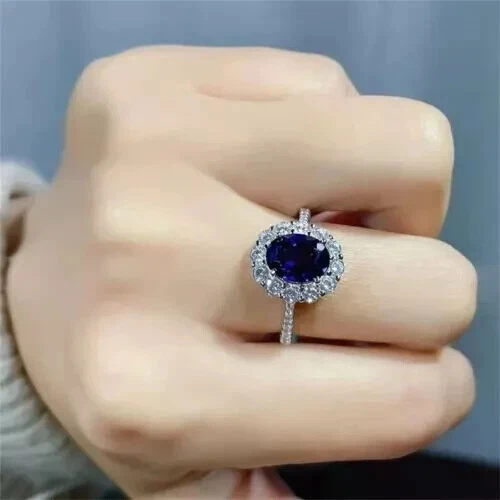 Anel de casamento 4,50 quilates corte oval safira natural e diamante ouro branco 14K sólido - Imagem 4 de 4