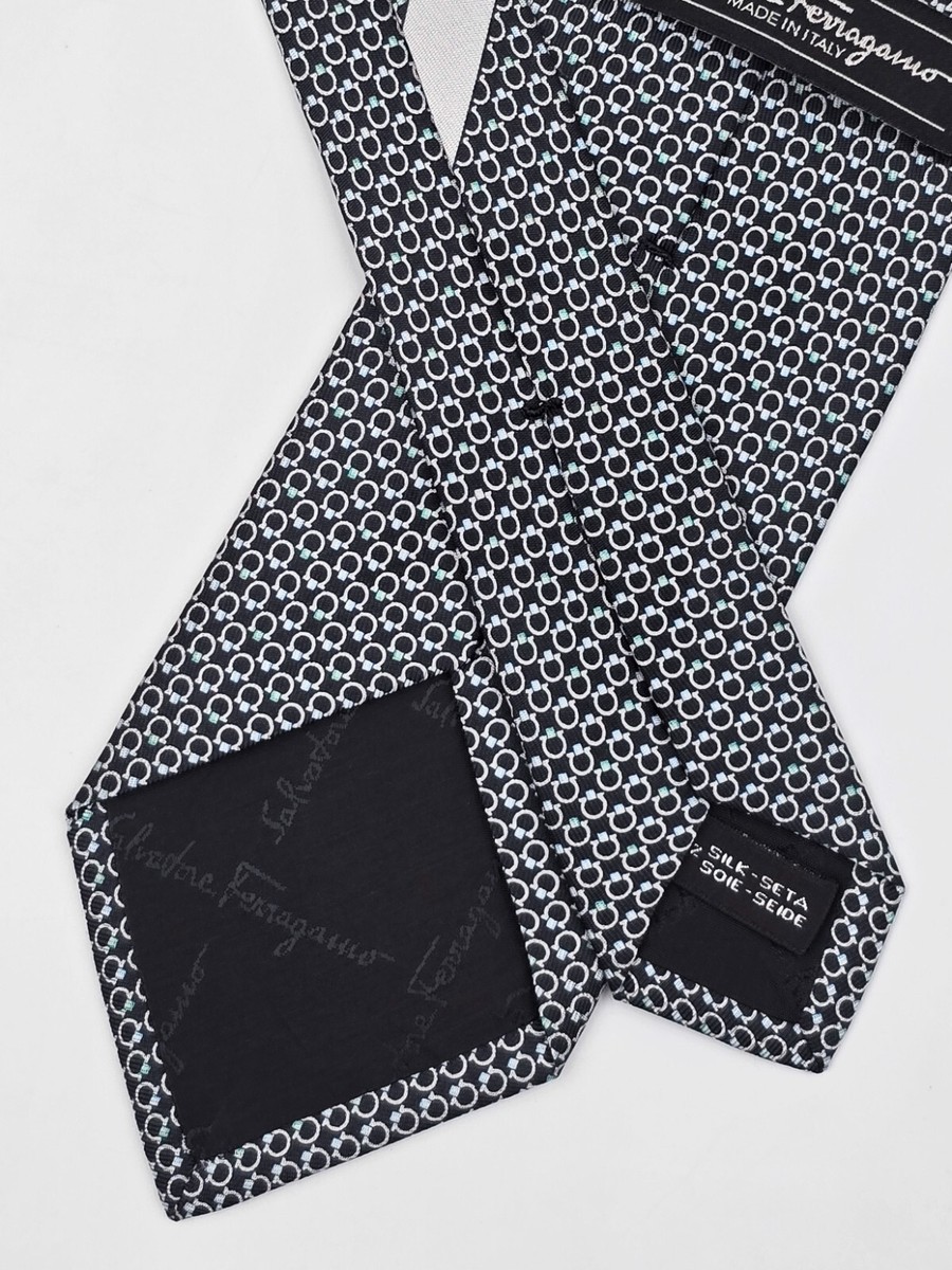 SALVATORE FERRAGAMO TIE Gancini Logo on Black Silk Necktie SALVATORE FERRAGAMO TIE Gancini Logo on Black Silk Necktie
