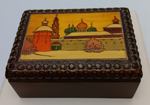 Vintage Russian Wooden Hand Painted City Trinket Box Wood Burned Design 5 3/4 In