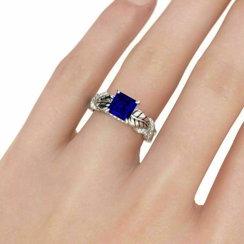 14K White Gold Finish 2.30 Ct Princess Blue Lab Created Leaf Shape Wedding Ring - Image 3 of 4