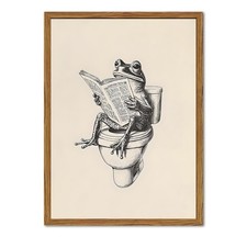 Framed Funny Frog Bathroom Wall Art, Whimsical Frog on Toilet Reading Newspap...