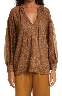 Vince Starry Dot Shirred Split Neck Blouse Verona Size Medium