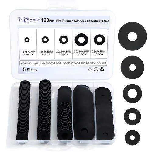 120Pcs Flat Rubber Washers Assortment Kit,16/18/20/25/30mm Black Washer,Vibratio - Bild 1 von 9