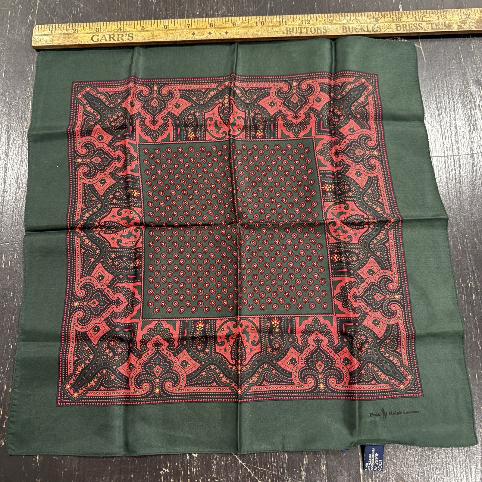 Vintage Polo Ralph Lauren Silk Pocket Square Scarf Green Red Paisley Medallion