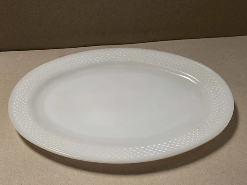 Vintage Federal Milk Glass Oval Platter Featuring A Diamond-patterned Rim. 12"