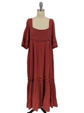 01510 Free People Smocked Tunic Maxi Dress Rust Red size Small bohemian rustic