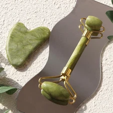 Natural Jade Roller & Gua Sha Set Face Massage Cooling Firming Skin Care Gift