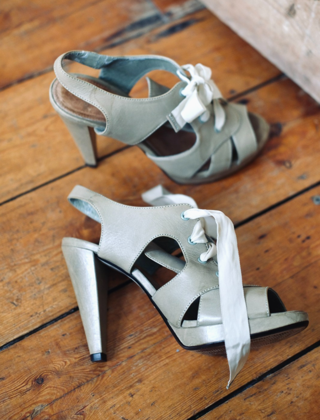 APL Topshop Vintage Cachi Verde Pelle Gabbia Sandalo Tacchi Allacciatura Nastro Misura 5 Punti