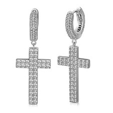 925 Sterling Silver Cross Drop Huggie Hoop Earrings Cubic Zirconia