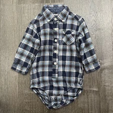 OshKosh B'Gosh Boys Button One-Piece Polo Plaid Blue Snap Romper Size 18 months