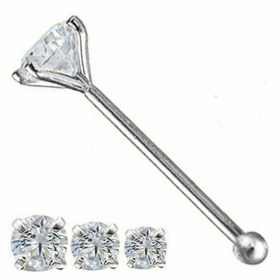 14K Solid Gold Round Cubic Zirconia Body Jewelry End Bone Nose Stud 25g 1mm-2mm - Image 3 of 4