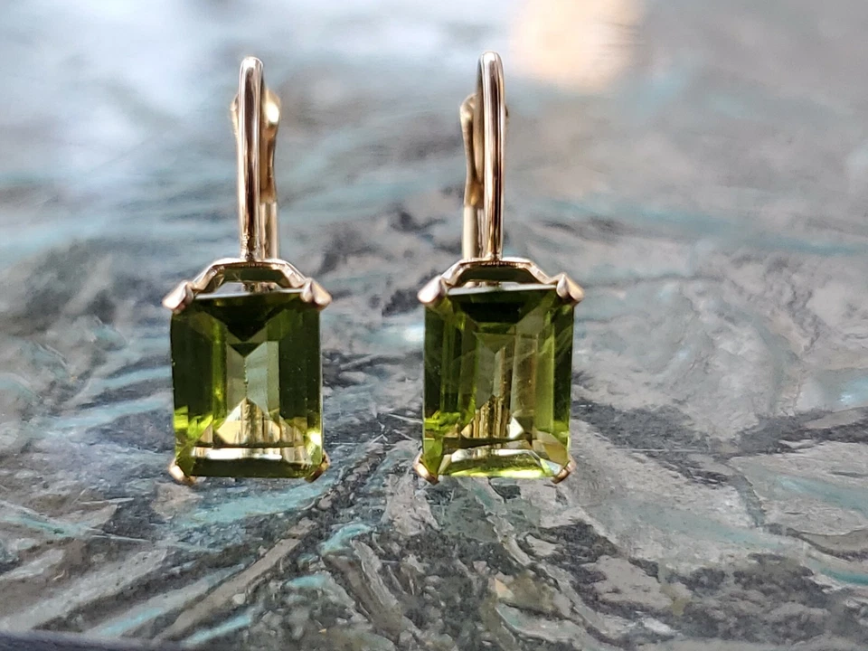 Peridot Labcreated Octagon Cut Leverback Earrings 14kt Solid Yellow Gold - Image 4 of 4
