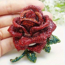 Luxurious Red Zirconia Crystal Rose Flower Pendant Woman Brooch Pin Corsage