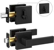 Deadbolt Door with Passage Lever Handle Set, Heavy Duty Reversible Square door