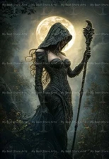 MOONLIGHT MAGE ART PRINT, Gothic Witchy Decor, Sexy Woman Fantasy Poster E739