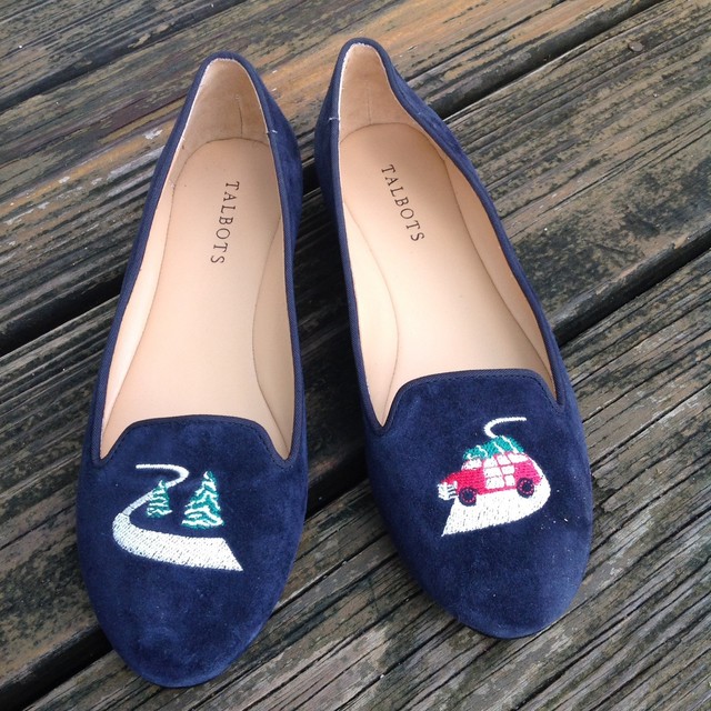Talbots Christmas Tree Red Wagon Flats 8 Navy Blue Suede Womens Shoes