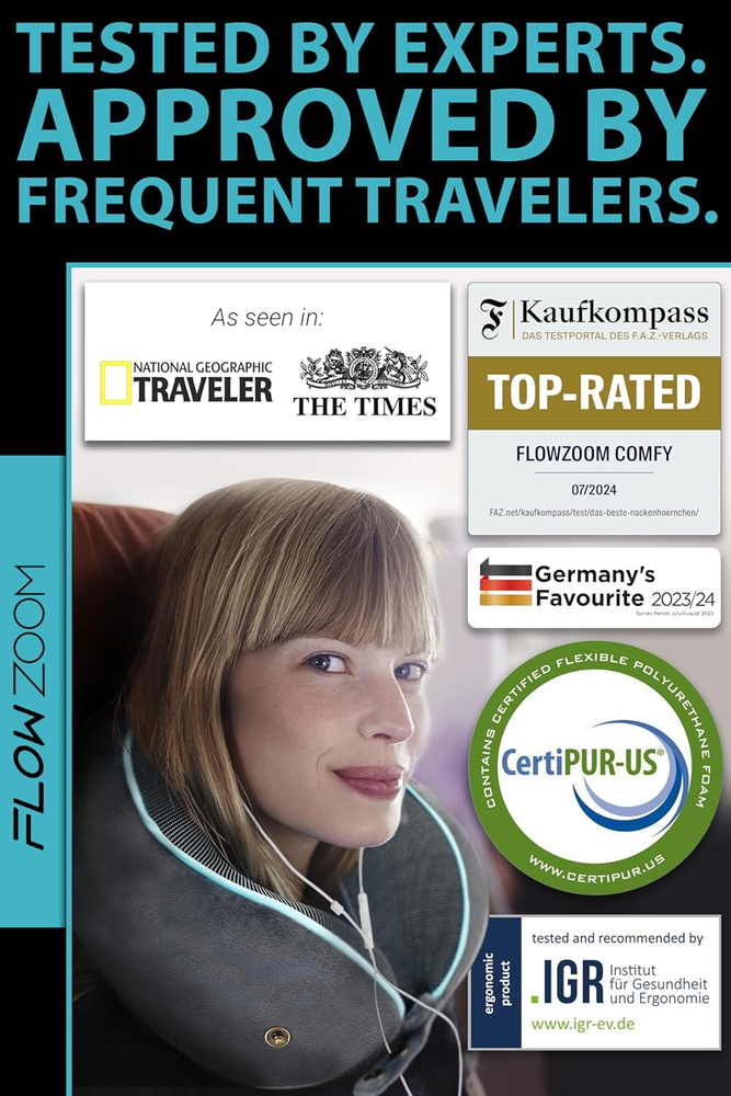 Memory Foam Travel Neck Pillow for Long Flights & Airplane Comfort